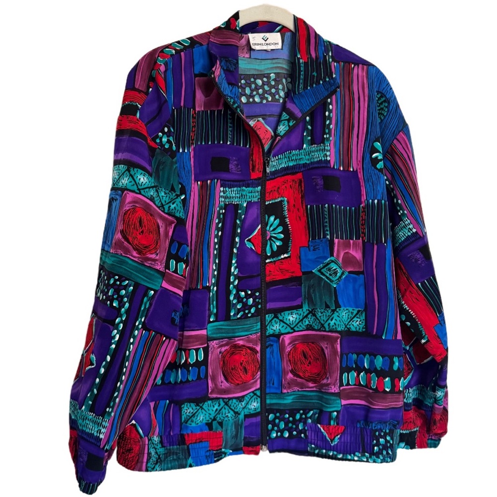 Erin London Jacket Sz M Multicolor Purple Red Green Abstract Zip Up Lightweight